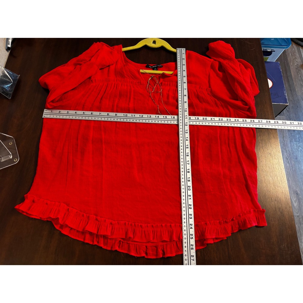 Zac & Rachel Woman Red Peasant Blouse Ruffle Sleeve Gold Tie 2X Boho Top - Picture 7 of 7